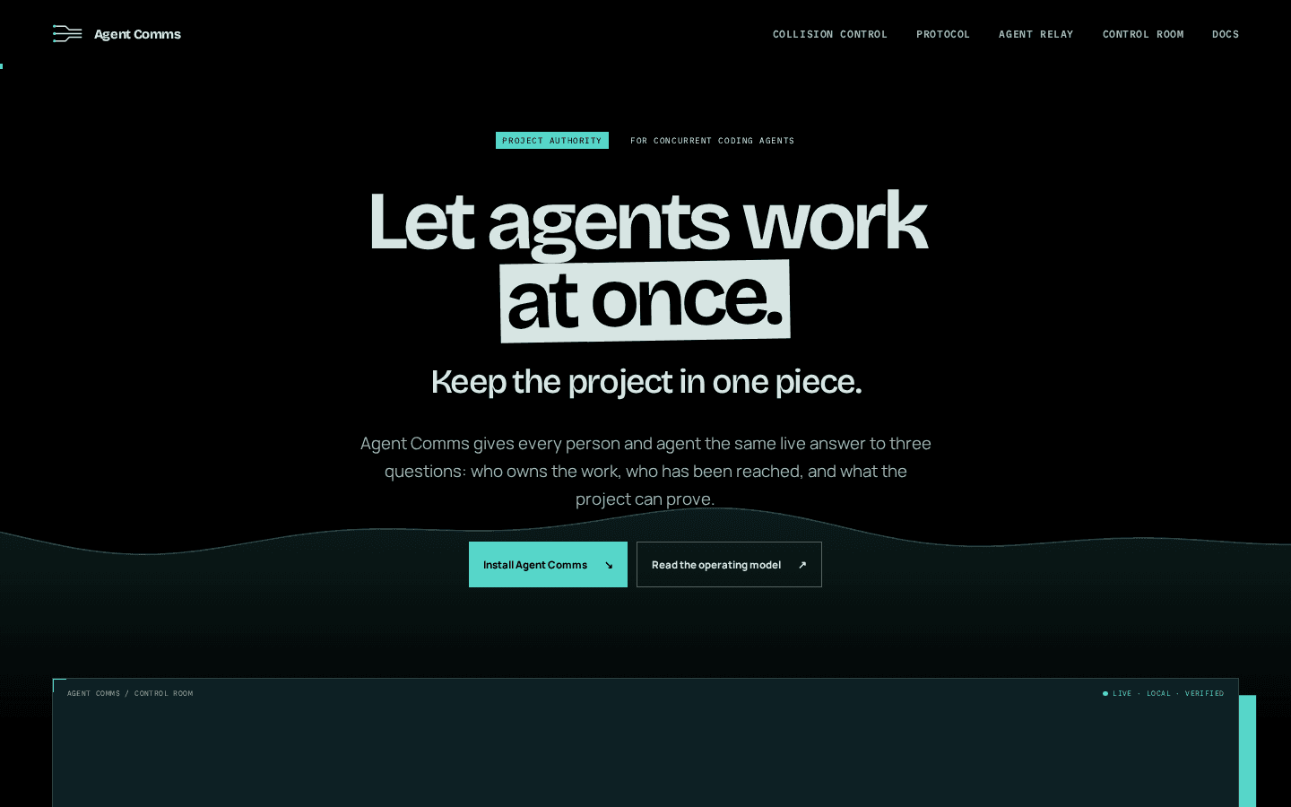 The Agent Comms landing page: "Let agents work at once — Keep the project in one piece," with Install / Read the operating model calls to action.
