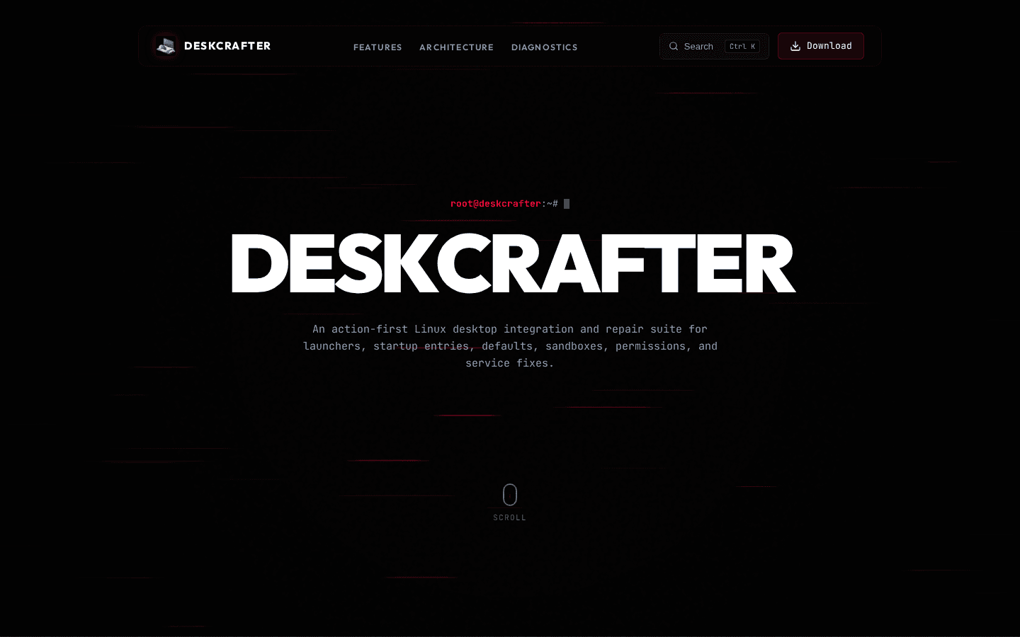The DeskCrafter landing page: "An action-first Linux desktop integration and repair suite for launchers, startup entries, defaults, sandboxes, and service fixes."